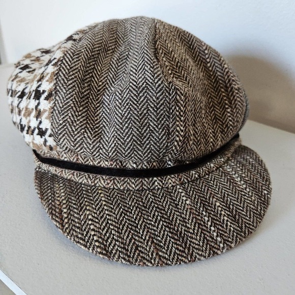 Vtg Cappelli Womens Wool Blend Newsboy Hat Houndstooth Chevron Acadamia - Picture 2 of 10
